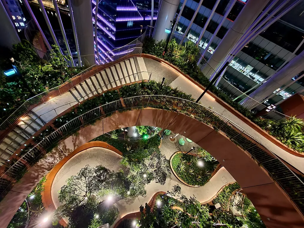 This image shows a night top-down view of the greenery at capita springs